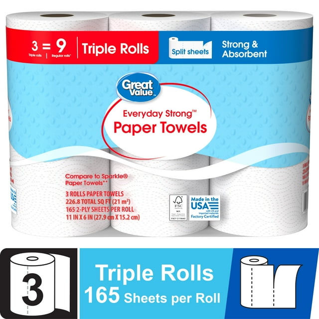 Great-Value-Everyday-Strong-Paper-Towels-Split-Sheets-3-Triple-Rolls_0ca60419-bfd5-4bc1-8749-ccac5254af61.0fadcc1e04df499f480de5dd972cd4f3 Great Value Everyday Strong Paper Towels, Split Sheets, 3 Triple Rolls, Comparable to Sparkle - Image 1