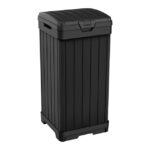 Keter Baltimore 38 Gallon Resin Outdoor Kitchen Trash Can Duotech Garbage Can, Black Woodlook