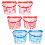 2 pack small Christmas treat bucket with lids and handle - Blue Print Snowflake, Red Print Reindeer, or Red Print Merry & Bright - Image 2